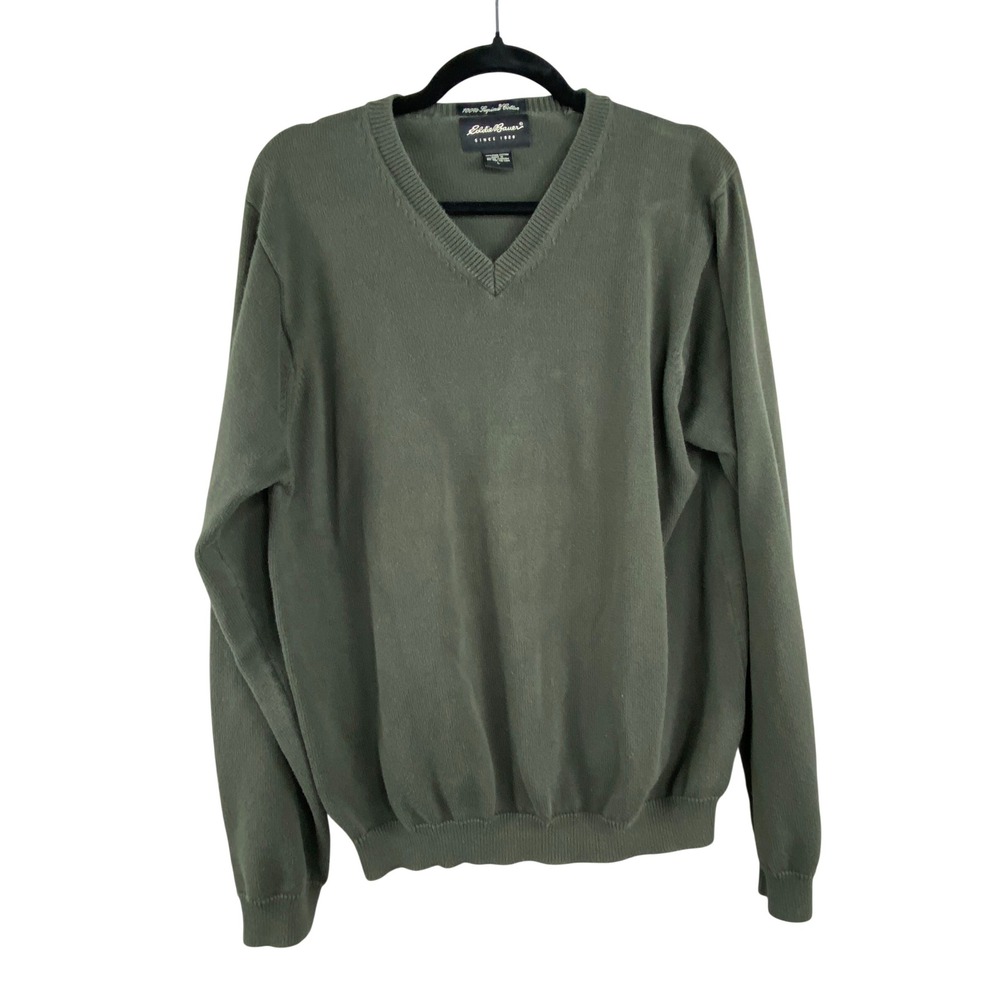 Eddie Bauer Men Sweater Large Olive Green V-Neck Supima Pima Cotton Pullover